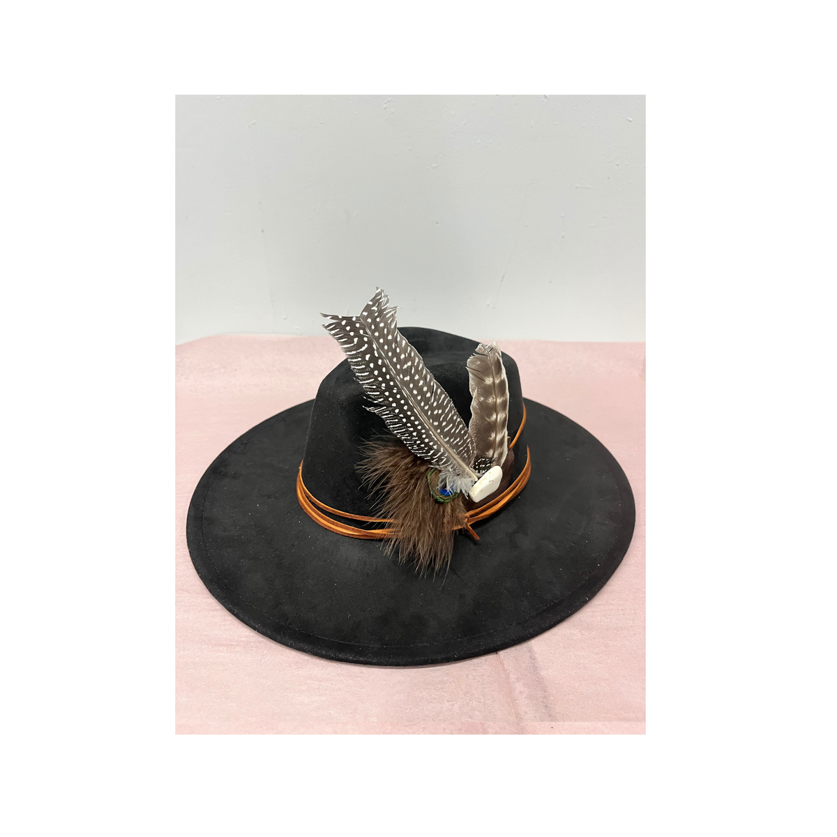 Black Boho Feather Western Rustic Fabric Band Cowboy Hat Brim Womens Accessory Custom Rodeo Queen Feathered Cowgirl Hat main image 3