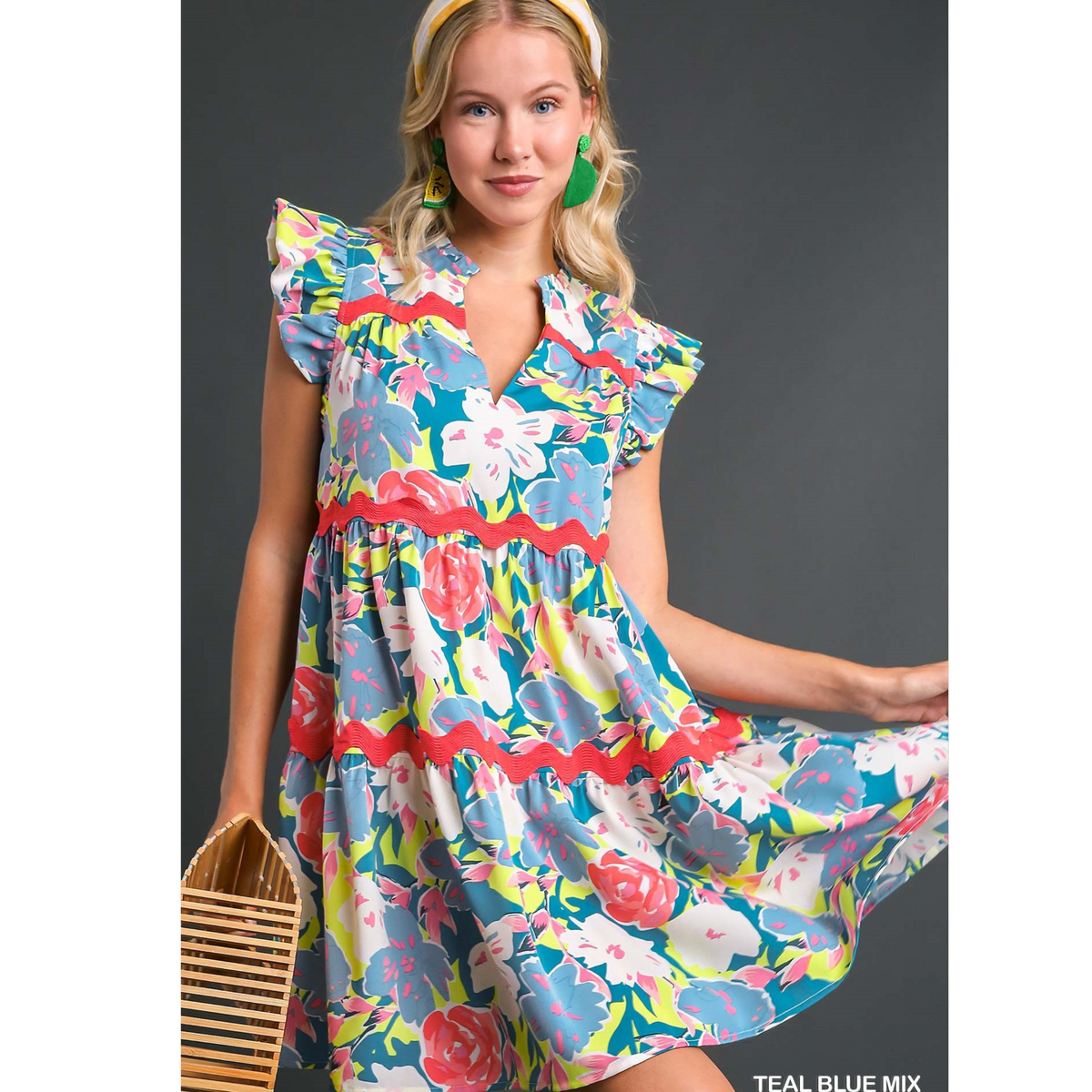 V-Notched Floral Print Dress