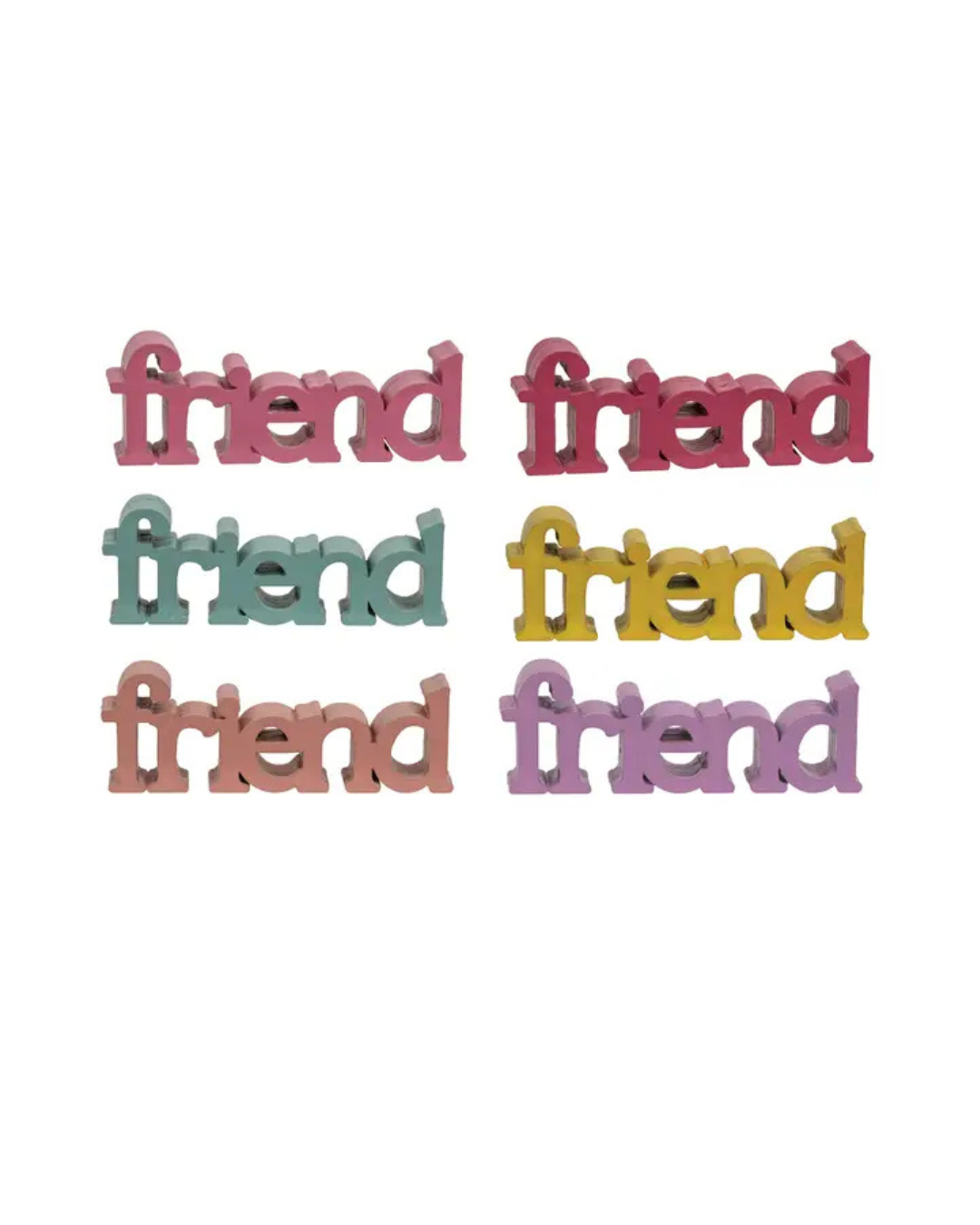 Colorful wooden cutouts of the word 'friend' 