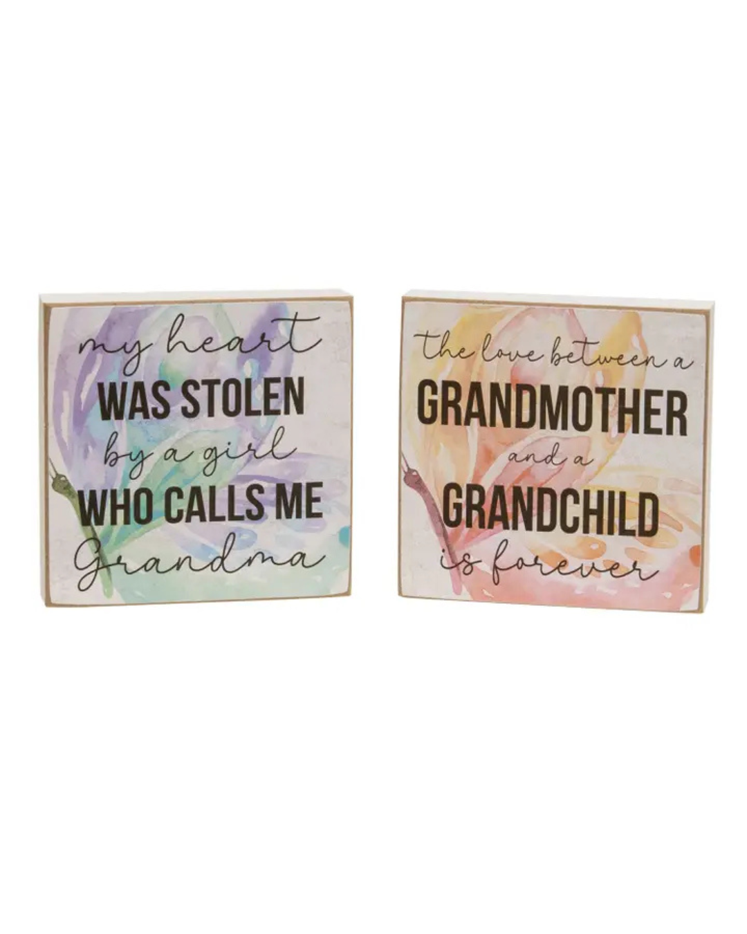 Two decorative signs with floral designs and text about grandmother-grandchild relationships on a white background.