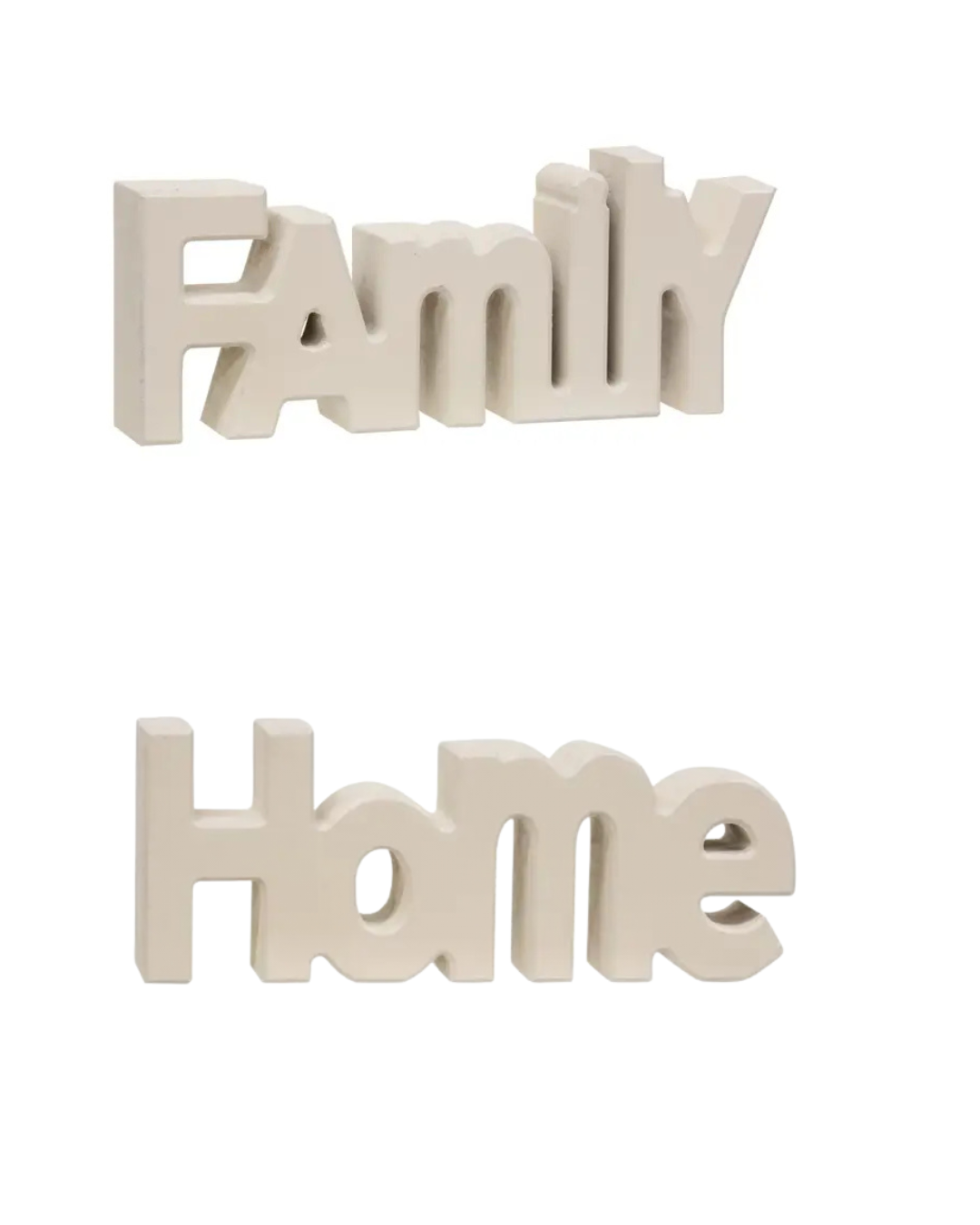 Decorative word pieces spelling 'Family' and 'Home' on a white background