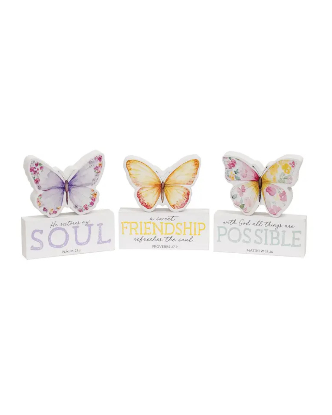 butterfly figurine with motivational phrases on a white background