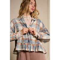 Washed Plaid Ruffle Hem Balloon Sleeve Shirt