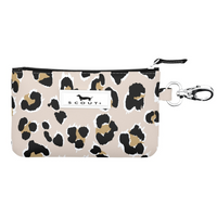 Leopard print pouch with a keychain clip on a white background
