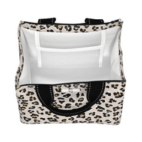 Leopard print tote bag with a white interior on a white background