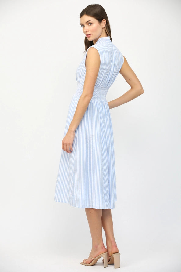 Striped Front Zip Closure V-Neckline Midi Dress