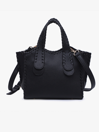 Black handbag with a strap on a white background
