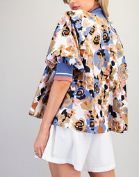 Floral Half Zip Puff Sleeve Top