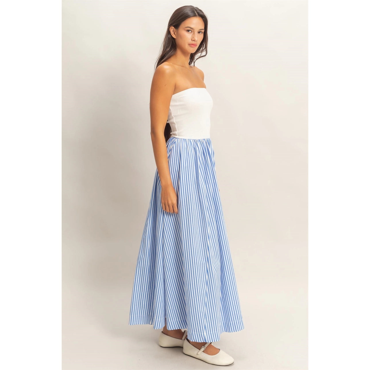 Striped Strapless Flowy Midi Dress