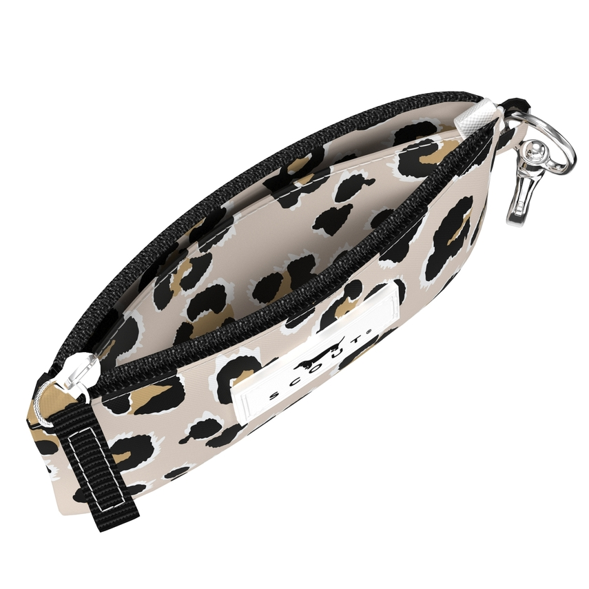 A small zippered pouch with a beige, black, and brown leopard print pattern, featuring a black zipper, silver metal clips, and a white brand label.