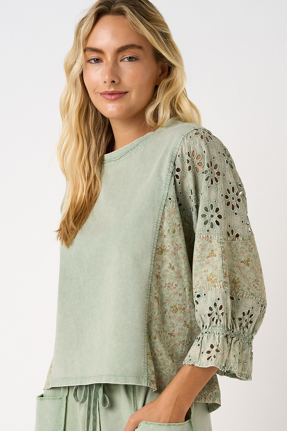 Eyelet Patchwork Ruffle Sleeve Top