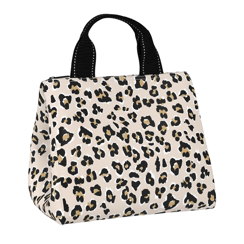 A canvas lunch bag with a leopard print pattern on a cream background, featuring black handles with white stitching.