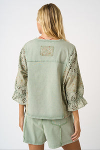Eyelet Patchwork Ruffle Sleeve Top