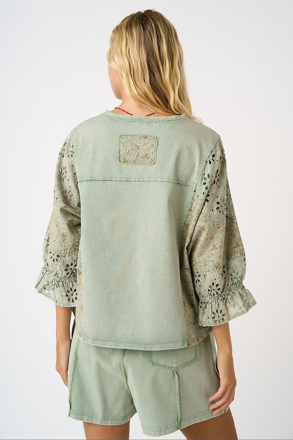 Eyelet Patchwork Ruffle Sleeve Top