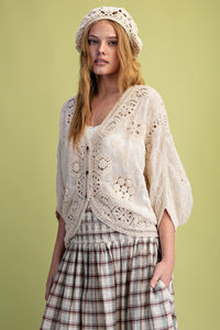 Dolman Slvs Crochet Mix Button Front Duster
