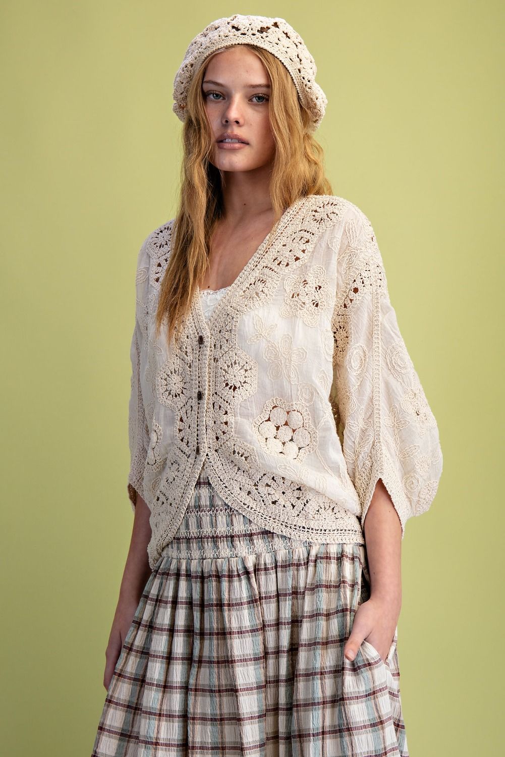 Dolman Slvs Crochet Mix Button Front Duster
