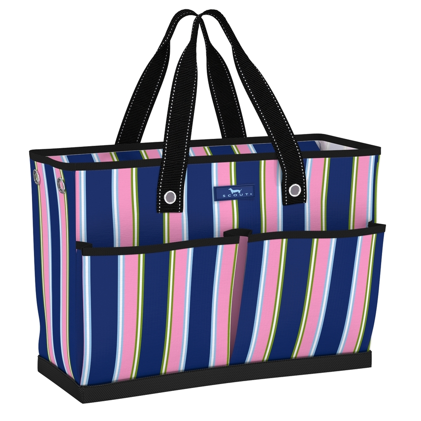 Striped tote bag with black handles on a white background