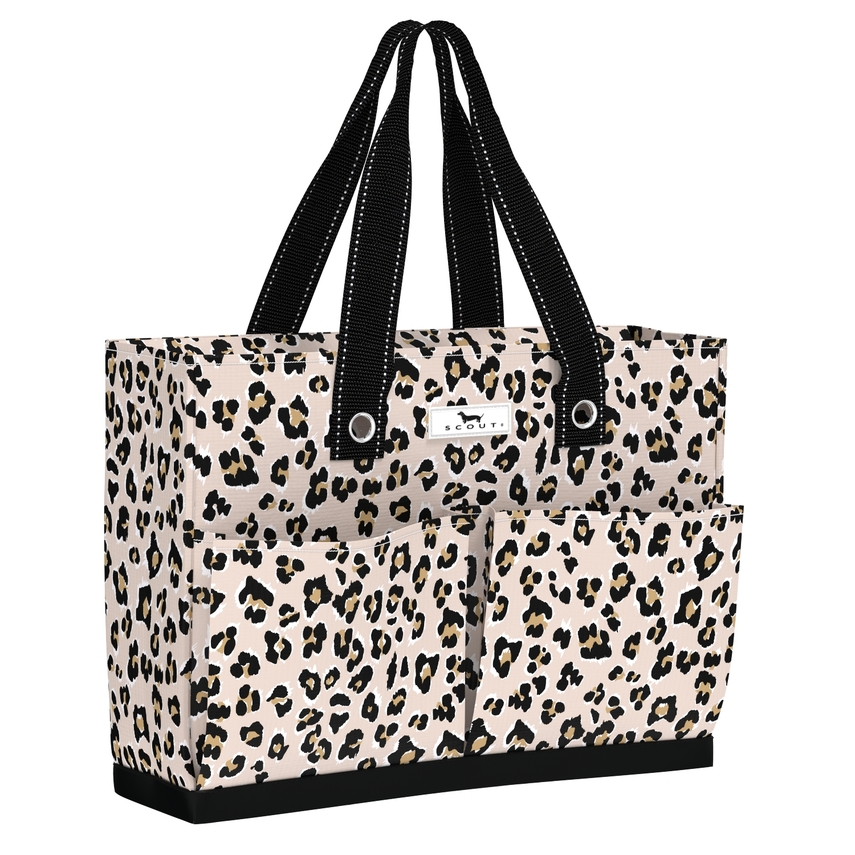 Leopard print tote bag with black handles on a white background