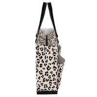 A leopard print tote bag with black shoulder straps, a black zipper closure, and a side pocket, shown against a plain white background.