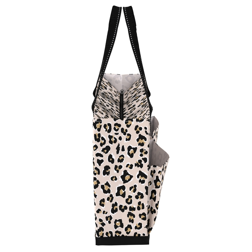 A leopard print tote bag with black shoulder straps, a black zipper closure, and a side pocket, shown against a plain white background.