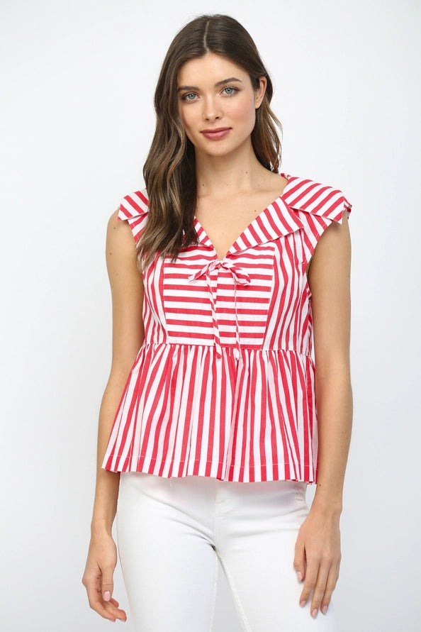 Stripe Sailor Style Collar with Tie Neckline Blouse