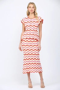 Wavy Chevron Pattern Open Knit Sweater Top & Skirt *Sold Separately