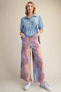 Patchwork Print Stretch Washed Twill Pants for Women
