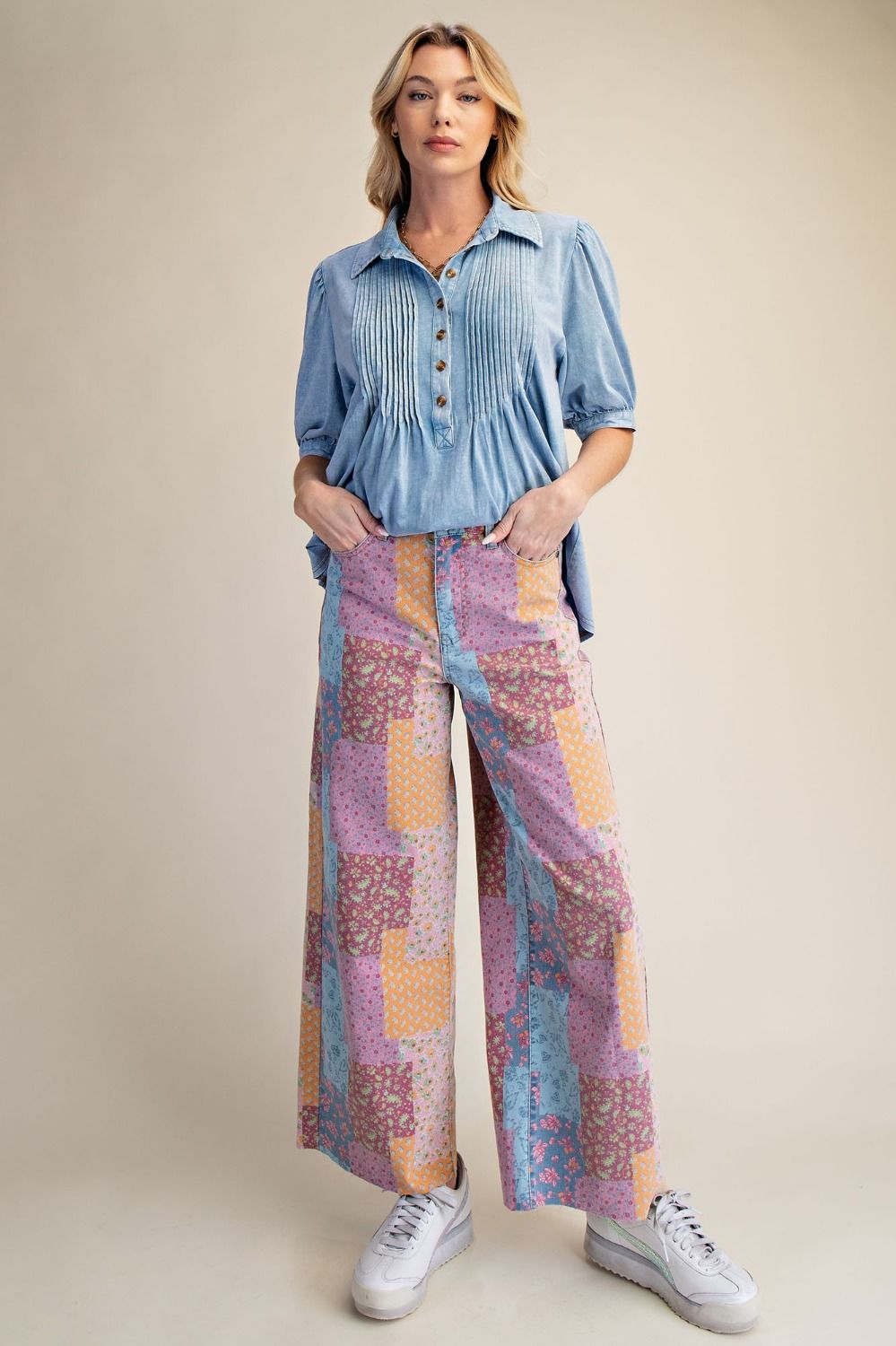 Patchwork Print Stretch Washed Twill Pants for Women