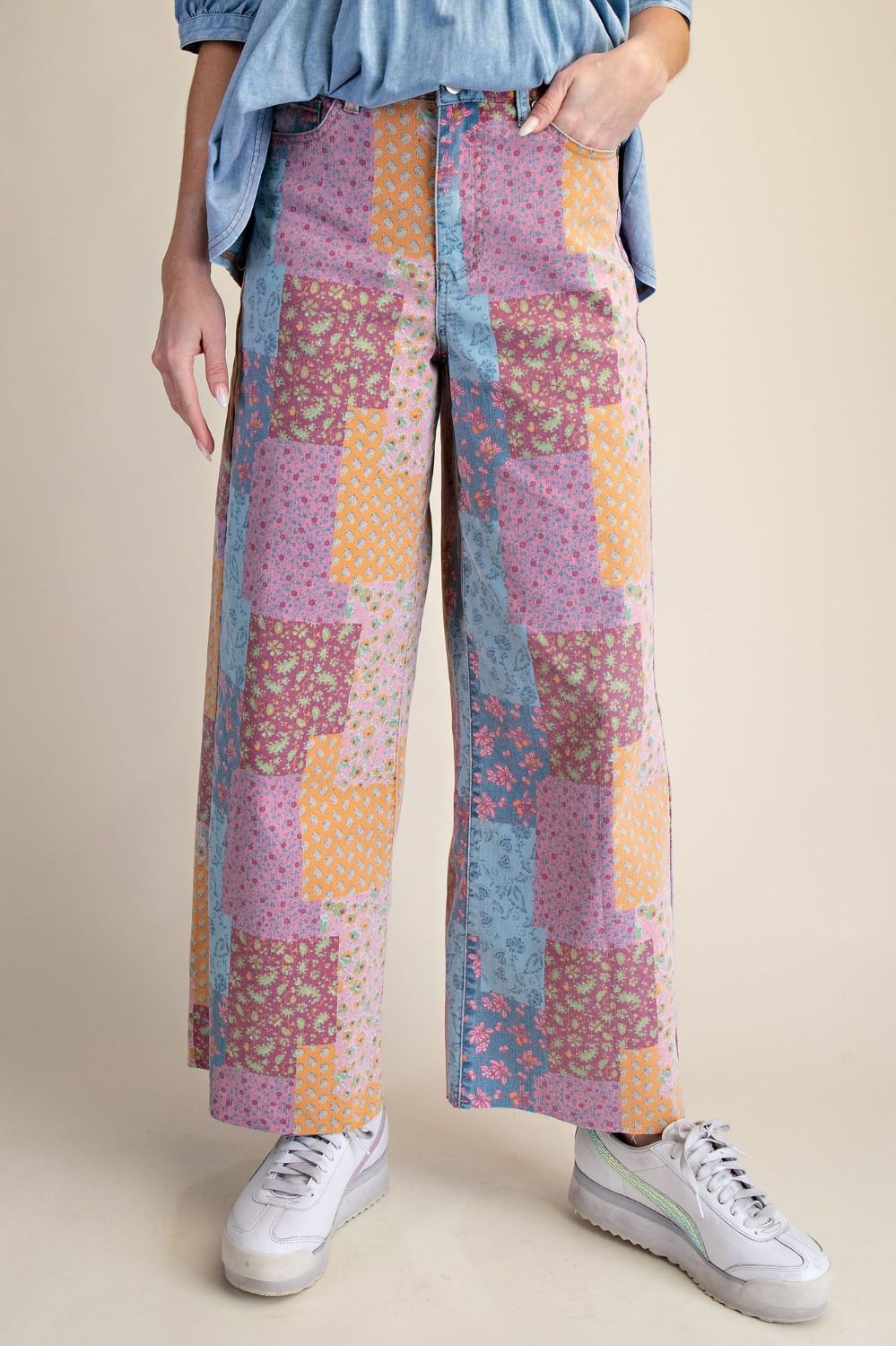 Patchwork Print Stretch Washed Twill Pants for Women – Molly