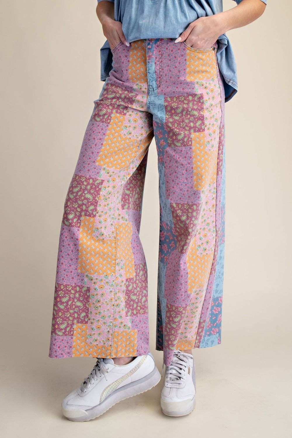 Patchwork Print Stretch Washed Twill Pants for Women