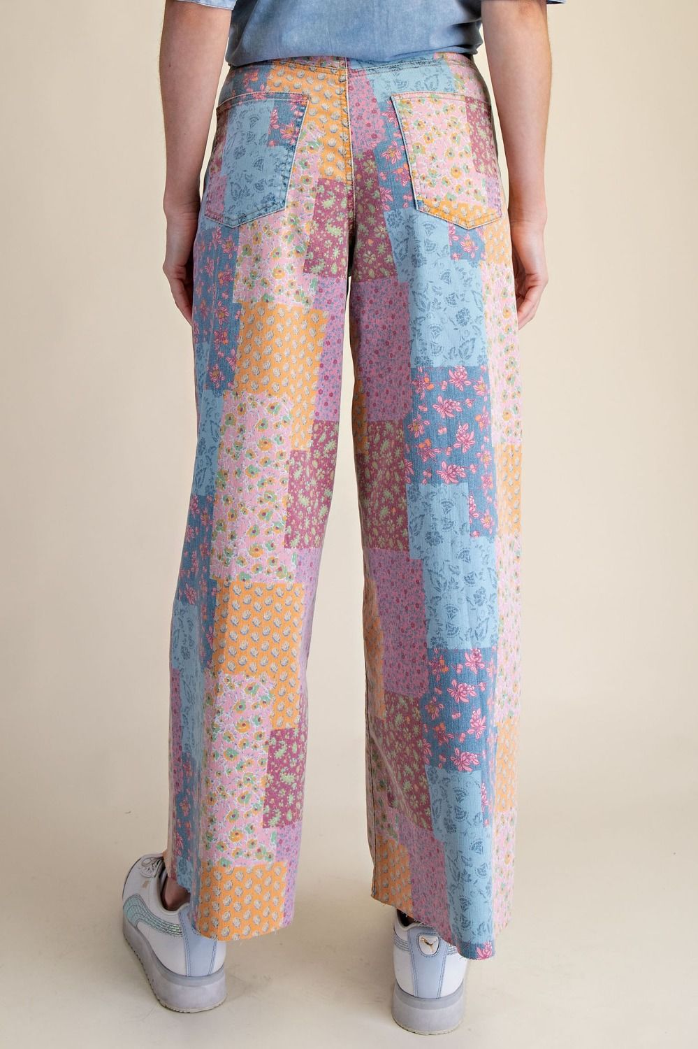 Patchwork Print Stretch Washed Twill Pants for Women