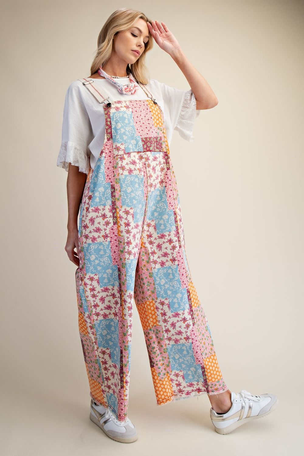 Patchwork Print Washed Overalls for Women