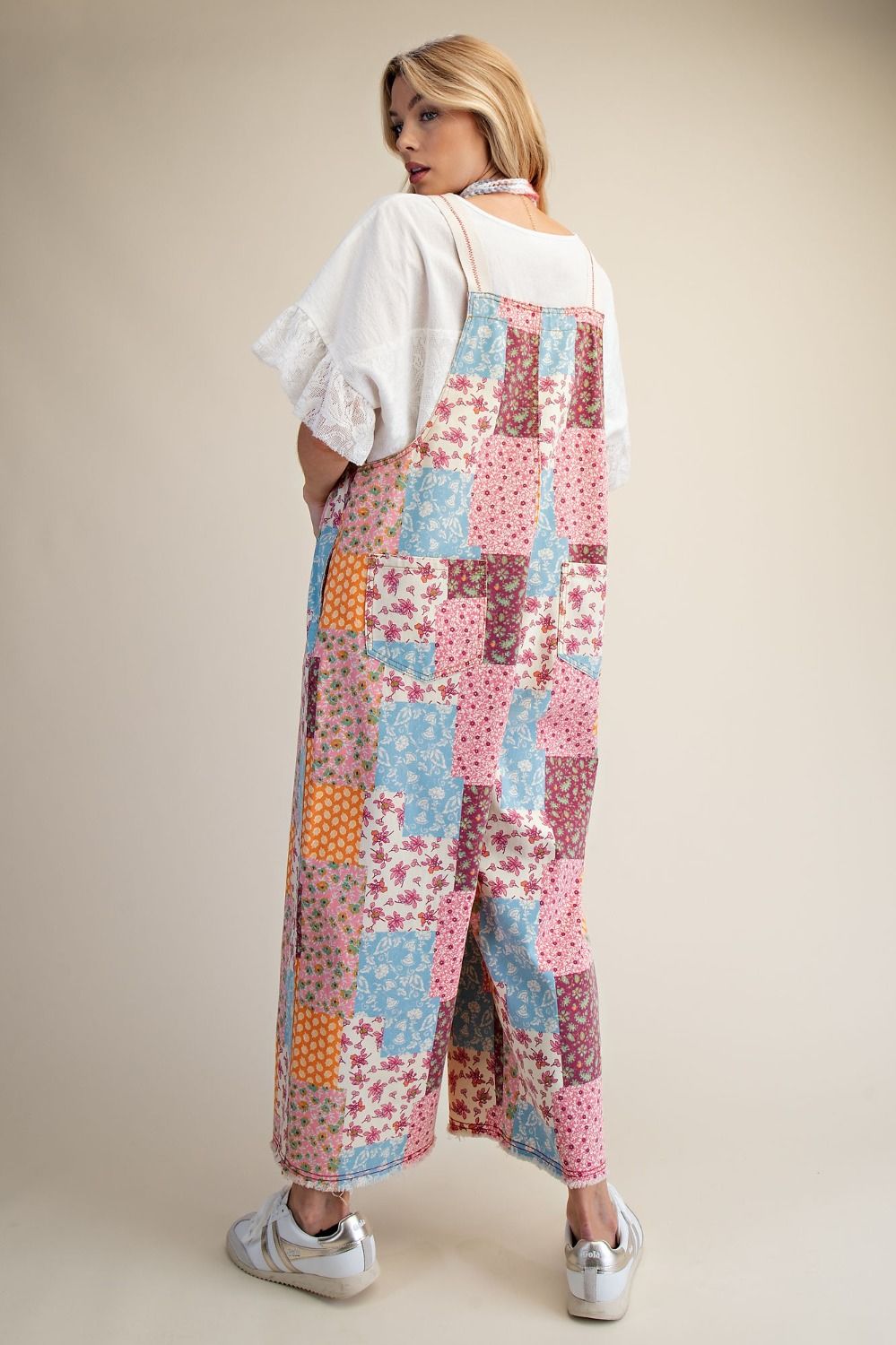 Patchwork Print Washed Overalls for Women
