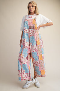 Patchwork Print Washed Overalls for Women