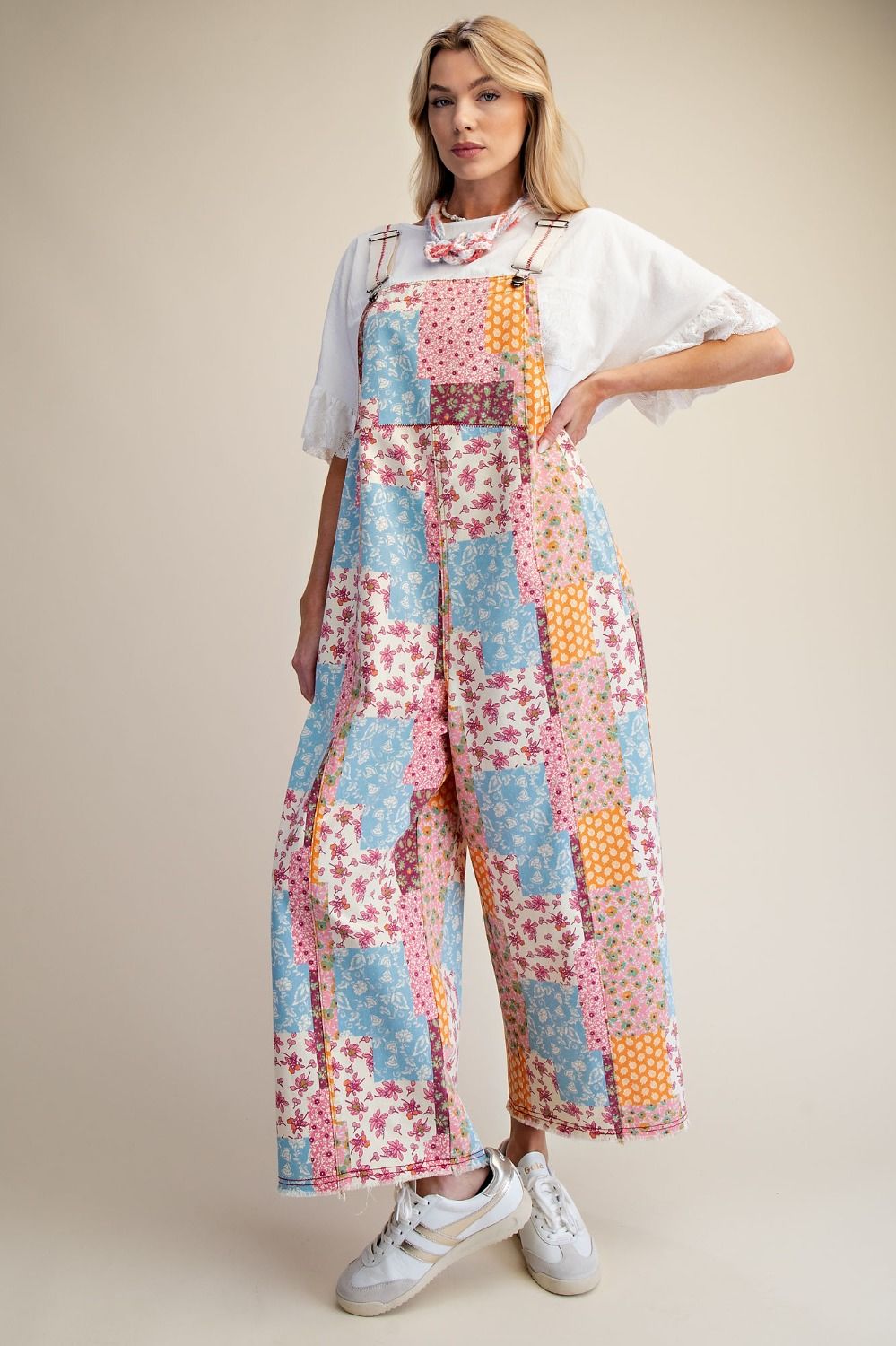 Patchwork Print Washed Overalls for Women