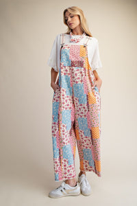 Patchwork Print Washed Overalls for Women