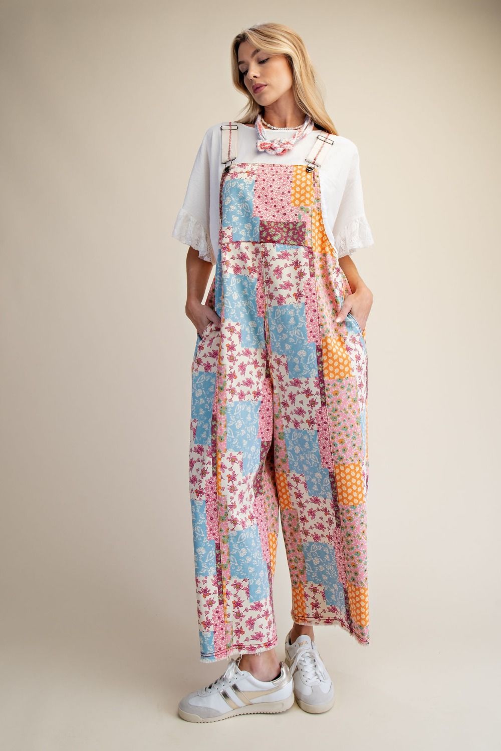 Patchwork Print Washed Overalls for Women