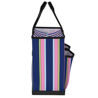 Striped tote bag with a black handle on a white background