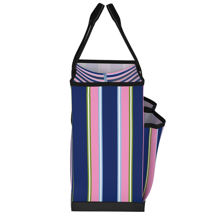Striped tote bag with a black handle on a white background