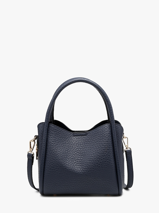A navy blue pebbled leather handbag with a top handle, a detachable shoulder strap, and gold-tone hardware, shown against a plain white background.