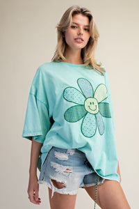 Floral Smiley Face Patch Washed Boxy Top