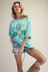 Floral Smiley Face Patch Washed Boxy Top