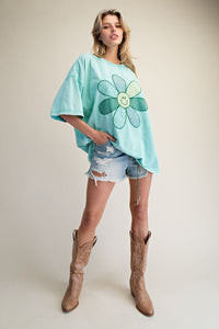 Floral Smiley Face Patch Washed Boxy Top