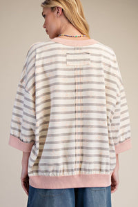 Three-Quarter Length Sleeves Striped Loose Fit Top for Women