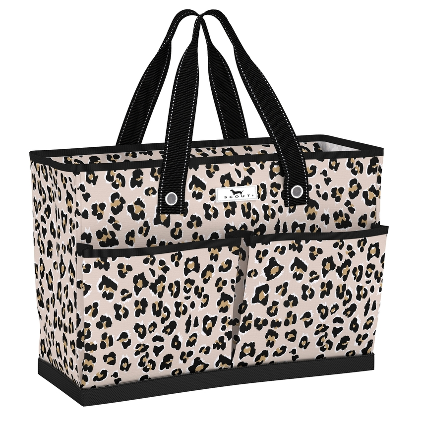 Leopard print tote bag with black accents on a white background