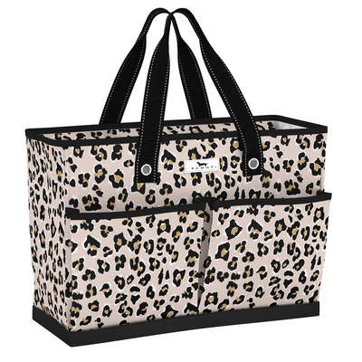 Leopard print tote bag with black accents on a white background