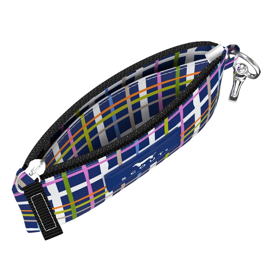 Multicolored plaid pouch with a keychain on a white background