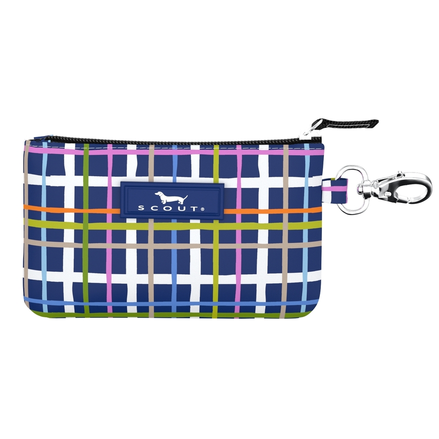 Plaid pouch with keychain attachment on a white background