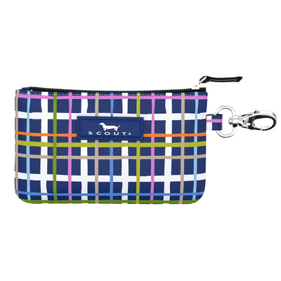 Plaid pouch with keychain attachment on a white background