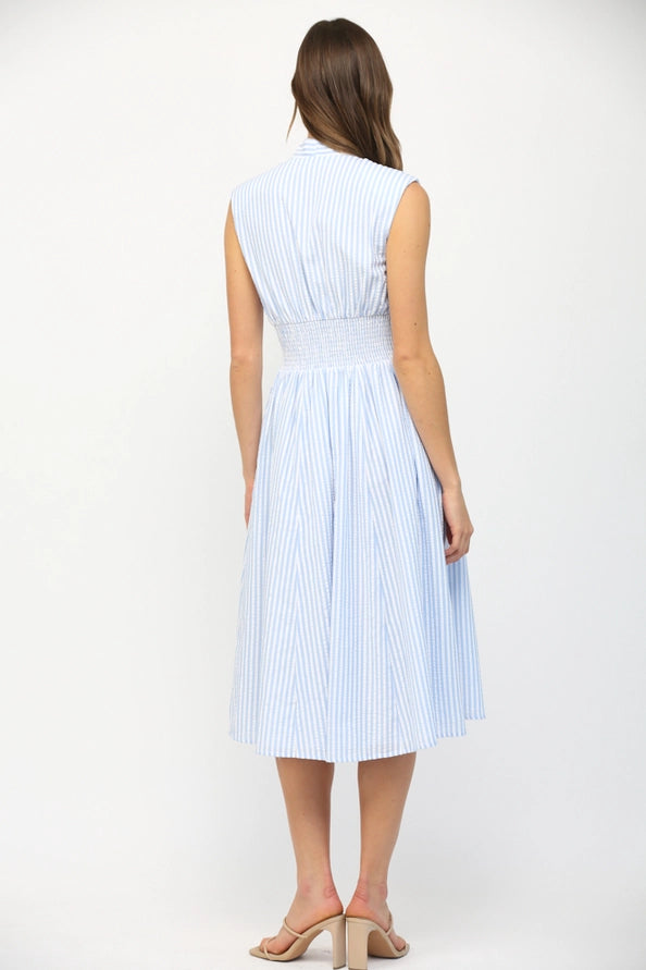 Striped Front Zip Closure V-Neckline Midi Dress